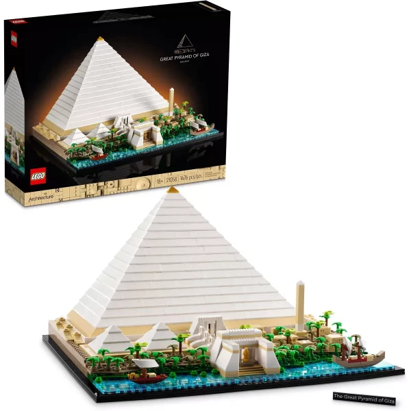 Travel back in time to the 26th century BC. and discover the Great Pyramid of Giza and its surroundings with this LEGO set for adults Includes 2 smaller pyramids, 2 mortuary temples, Sphinx statue, workers' village, an obelisk and a section of the Nile River with a barge Lift the outer structure to reveal the Royal chambers, main tunnels & a system that may have been used to move the stone blocks during construction Includes a booklet with illustrated instructions, plus details about the Great Pyramid of Giza's history & how LEGO designers created this model A challenging and immersive creative activity for adults leaves you feeling refreshed and with a rewarding sense of accomplishment This LEGO famous landmarks set for adults makes a great present or Christmas gift idea for Men, Women, Mum, Dad or crafts fans as a home or office décor piece for lovers of ancient architecture and history